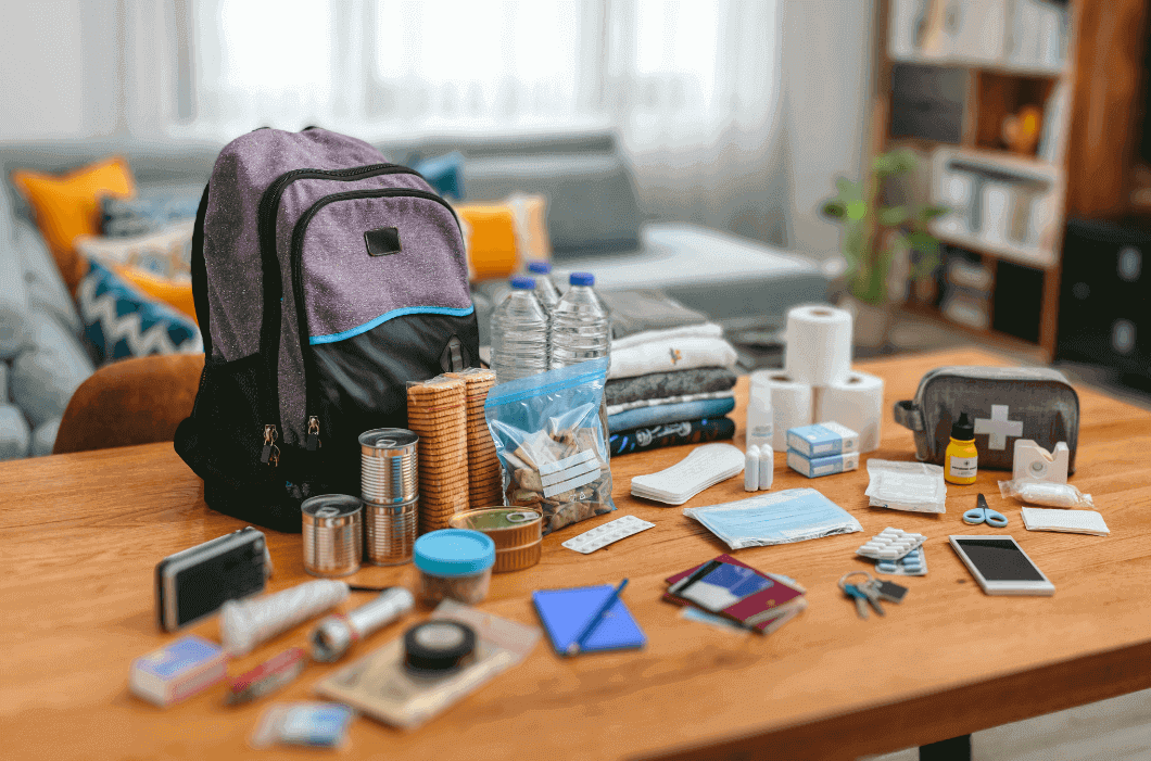 Backpack with Emergency Supplies on Table
