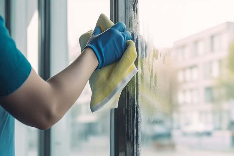 a person cleaning the window