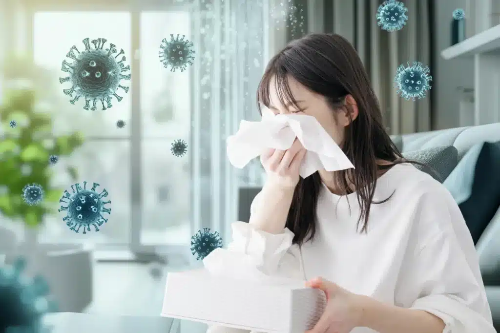 a person sneezing  due to mold exposure
