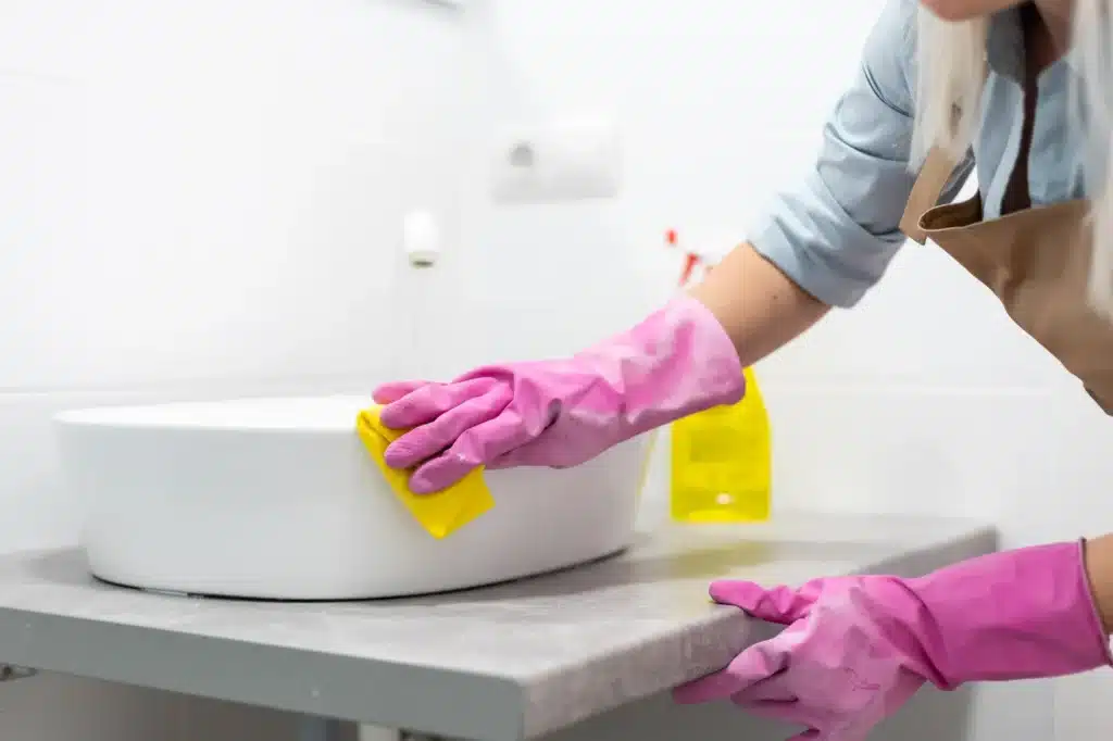 a person cleaning a sink 