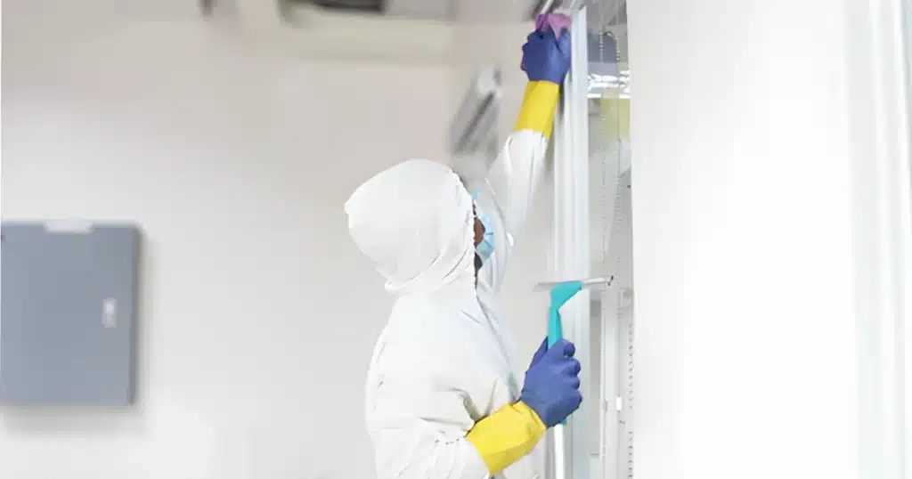 a professional cleaner cleaning the glass window.