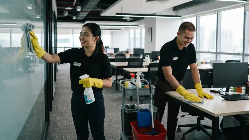 2 professional cleaners wiping desktop routines at the end of every workday and clear-counter policies in shared breakrooms.