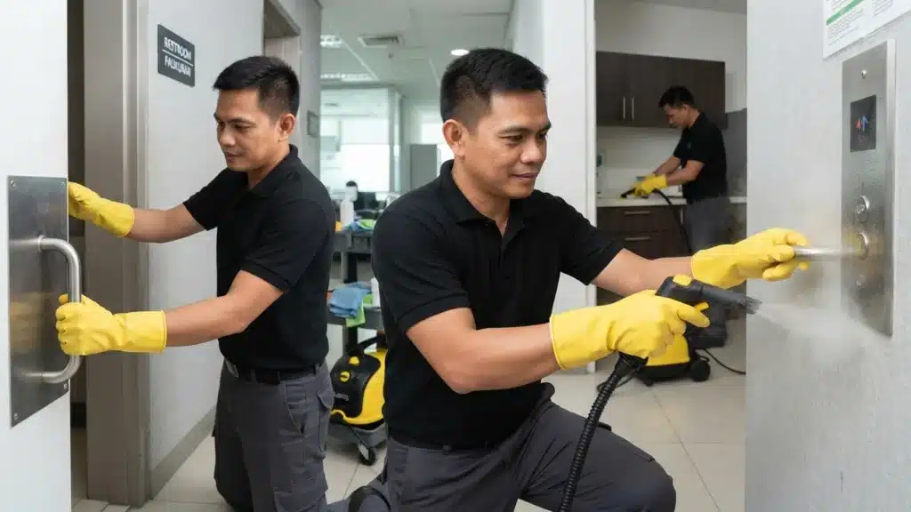 professional cleaner Utilize commercial steam equipment on door handles, elevator button panels, restroom partitions, and kitchen cabinet.