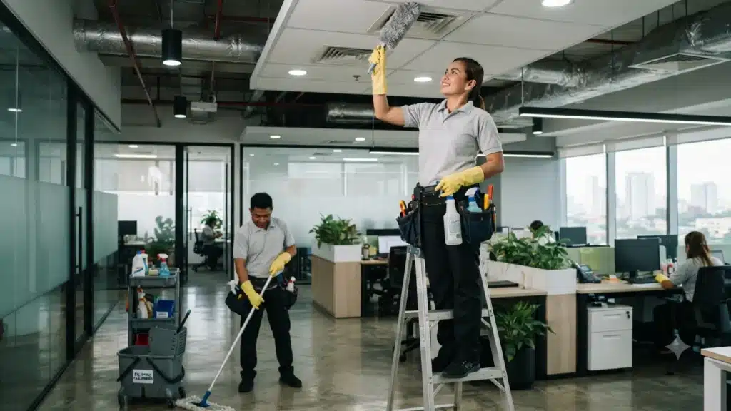 2 professional cleaners dry-mop dust Clean high-level areas—such as HVAC vents.