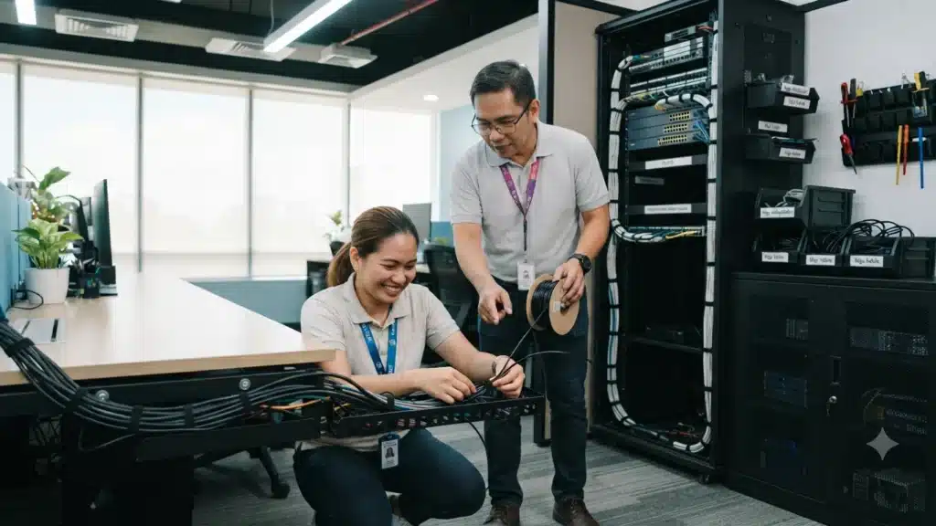 2 people organizing focuses on maximizing vertical storage and concealing equipment cables.