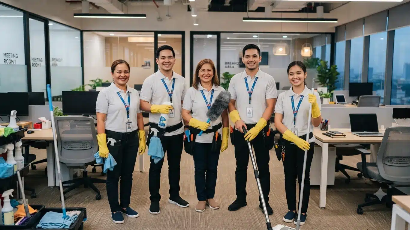 Commercial Cleaning Strategies for Modern Workplaces 5 people standing while smiling for professional cleaning job
