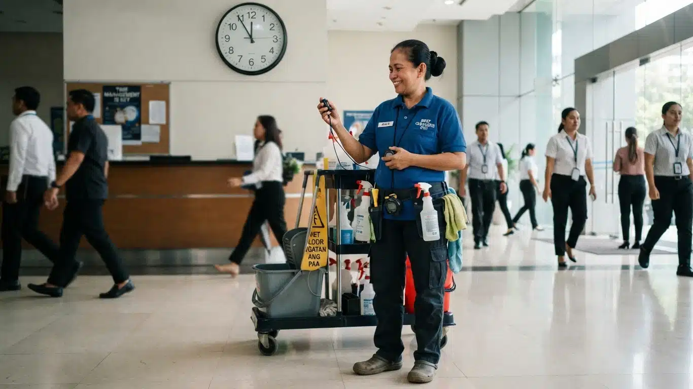 A Professional cleaning lady in blue uniforms posing with cleaning tools and equipment inside a modern office space.