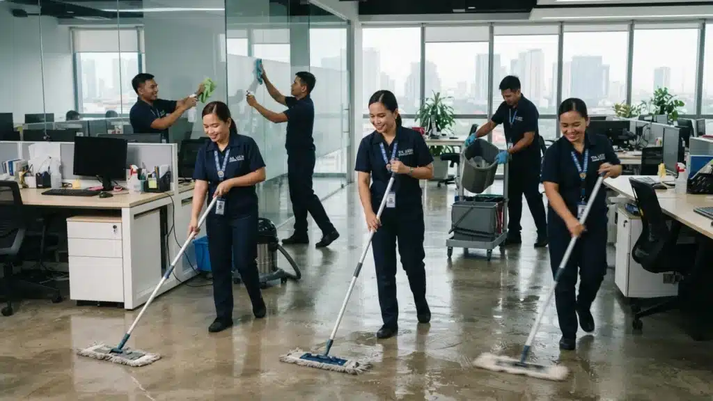 Professional cleaning team in blue uniforms posing with cleaning tools and equipment inside a modern office space.