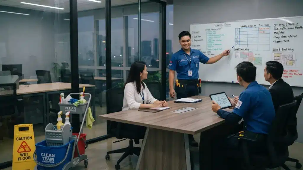 employees discussing in conference room with cleaning materials beside them