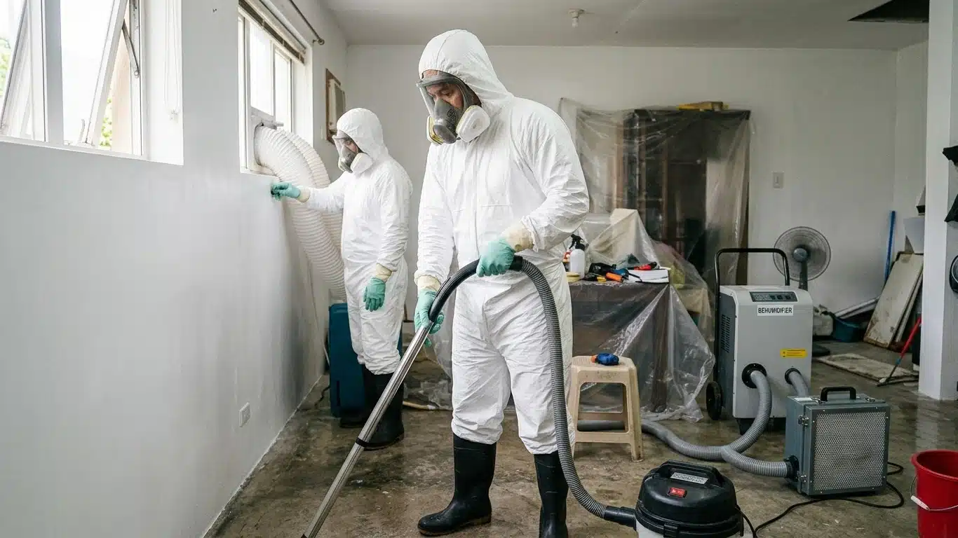 Cleaning technicians in protective suits treating wall mold.