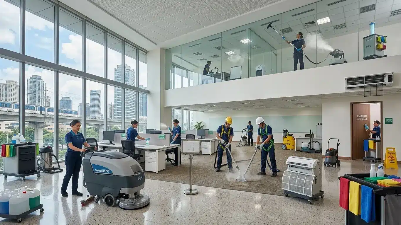 HOW OFTEN SHOULD COMMERCIAL SPACES BE DEEP CLEANED? commercial cleaning team standing in a modern, open-plan office space.